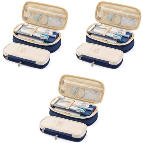 HASTHIP® Nylon Large Capacity Pencil Pouch Durable Storage Multiple Compartment Double Zipper Portable Box for Kids College Student Teen 22X11Cm Navy Blue 3 PCS HASTHIP® Nylon Large Capacity Pencil Pouch Durable Storage Multiple Compartment Double Zipper Portable Box for Kids College Student Teen 22X11Cm Navy Blue 3 PCS